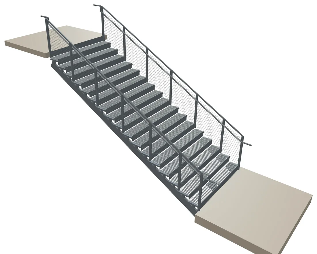 Modelo 3D de una escalera metálica recta con zancas de acero, peldaños de rejilla, baranda con malla y pasamanos