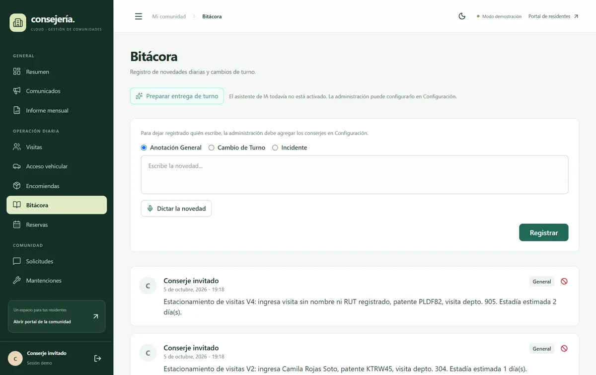 Pantalla de bitácora digital con anotaciones, cambios de turno e incidentes